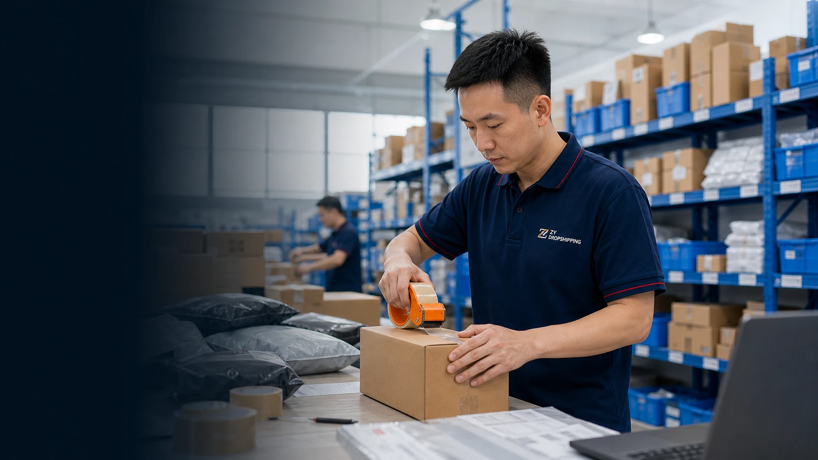 ZY packing staff sealing ecommerce parcels in the warehouse