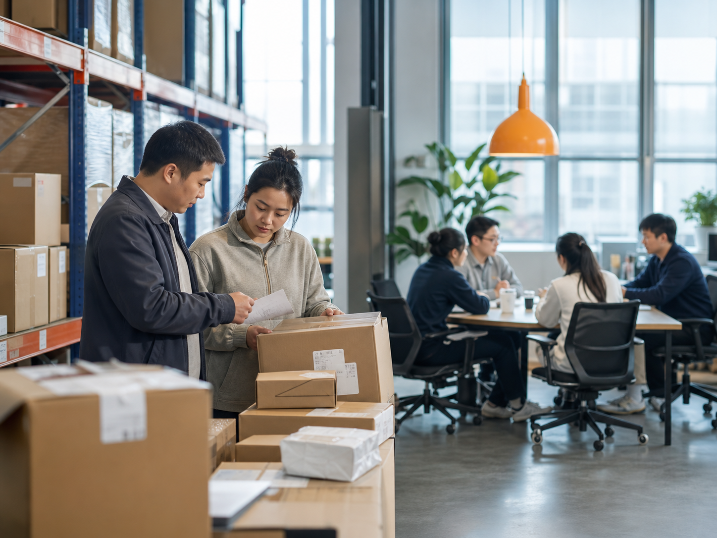 Warehouse and office team coordinating cross-border orders